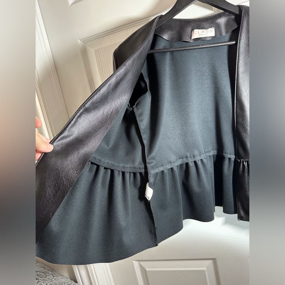 Black Faux Leather Ruffle Hem Bell Sleeve Jacket — Size Small - Picture 5 of 12